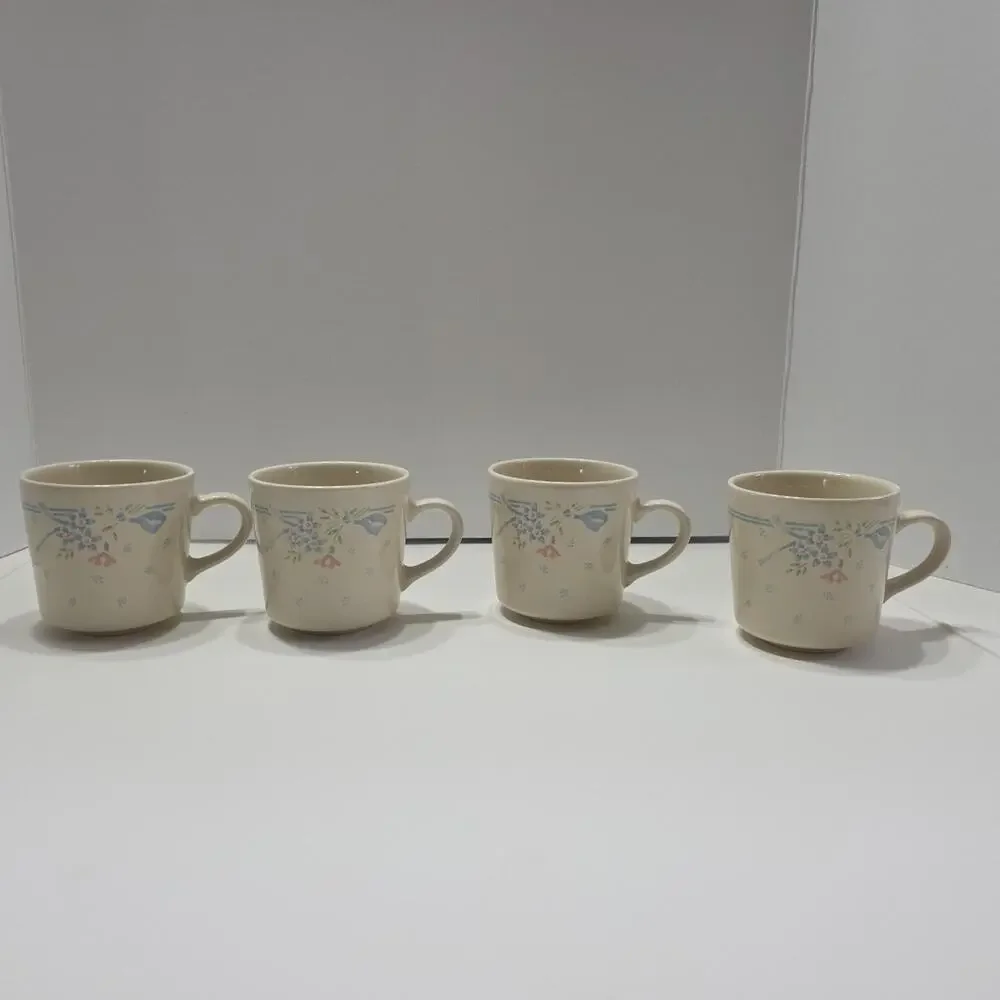 Set Of 4 Corning Corelle Dinner Plates + Cups Symphony Cream Blue Ribbon Floral